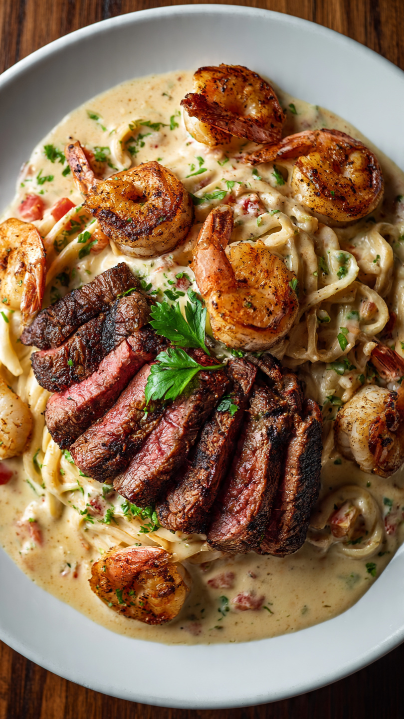 Blackened Steak and Shrimp Alfredo