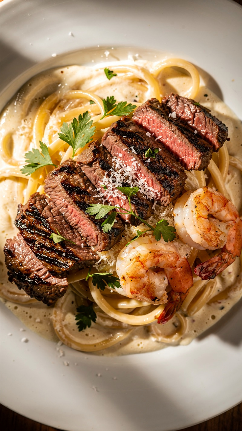 Cajun Steak and Shrimp Pasta with Creamy Alfredo Sauce