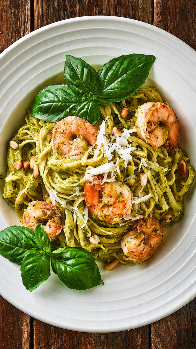 Pesto Shrimp Pasta with Mushrooms