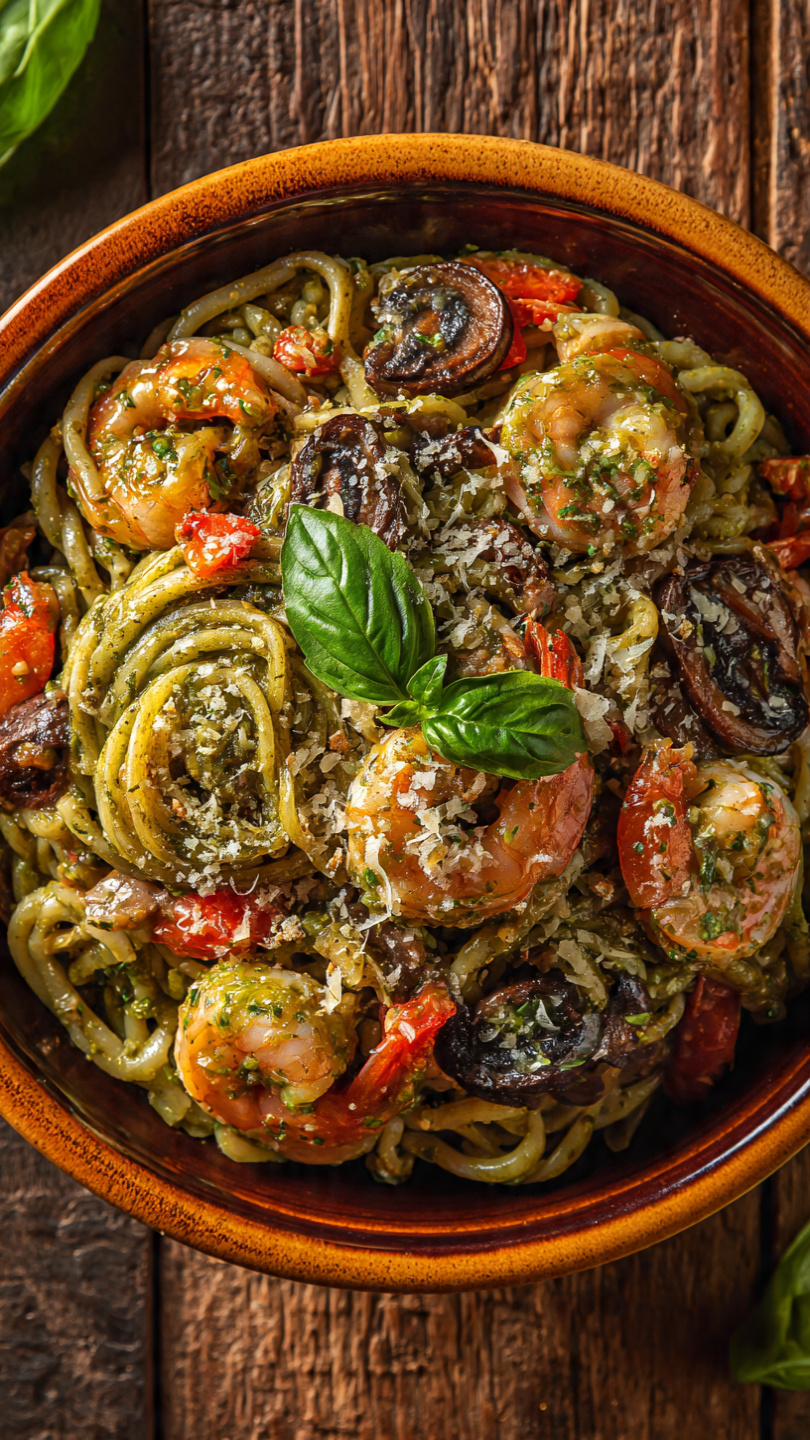 Pesto Shrimp Pasta in Mushroom Garlic Sauce