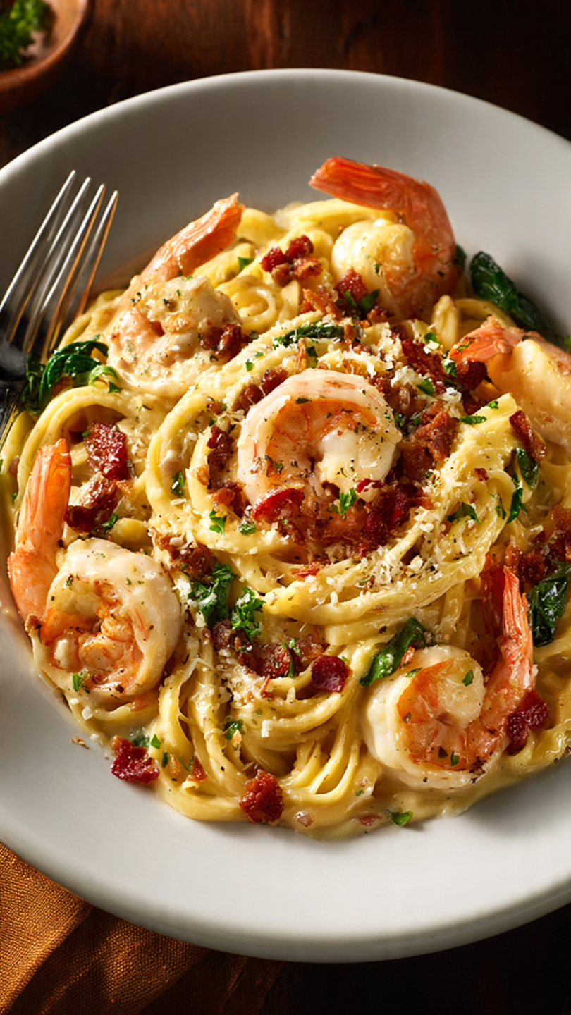 Shrimp Carbonara with Crispy Beef Bacon